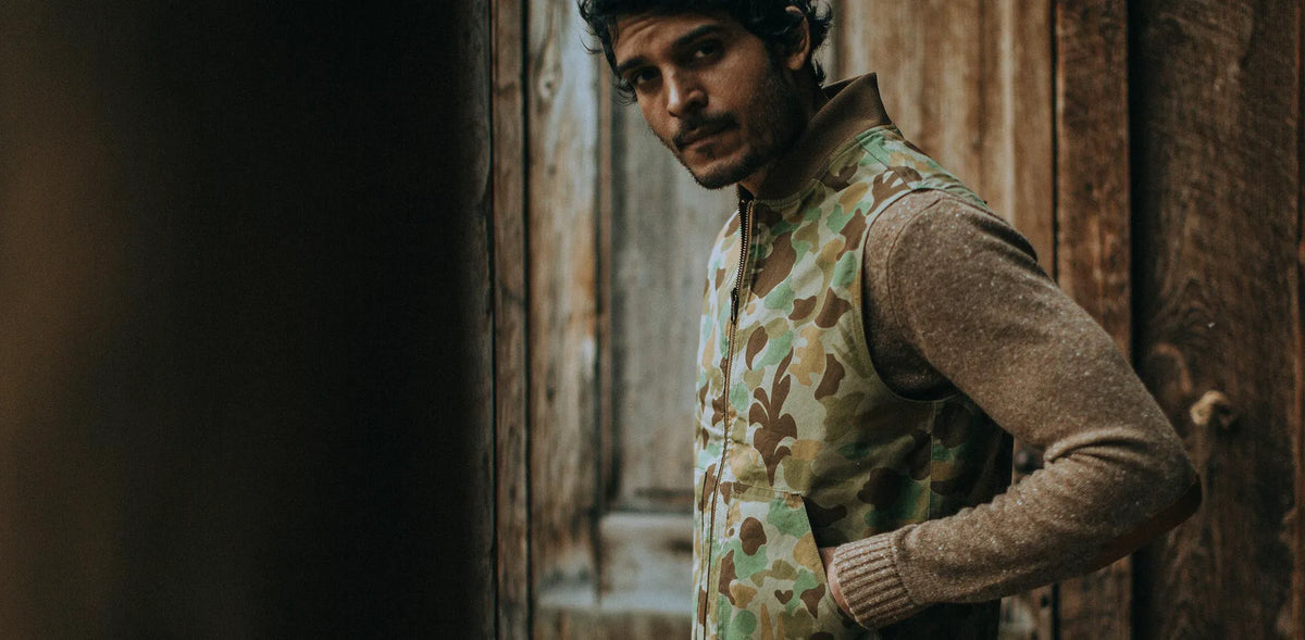 The Taylor Stitch x Gear Patrol Reversible Able Vest in Arid Camo