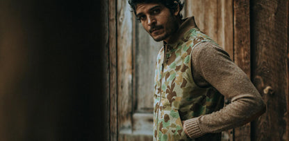 The Taylor Stitch x Gear Patrol Reversible Able Vest in Arid Camo