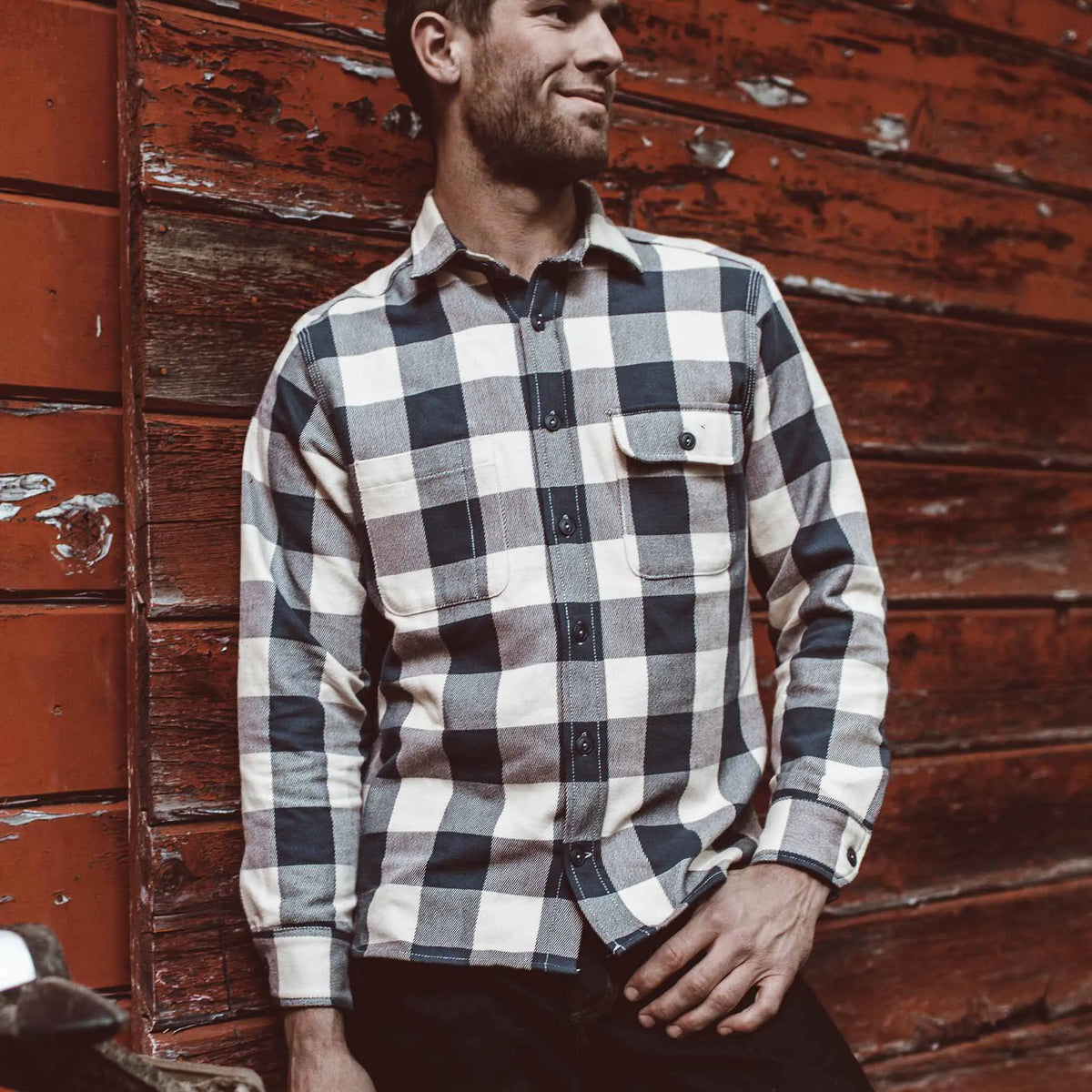 The Moto Utility Shirt in Natural & Navy Buffalo Plaid