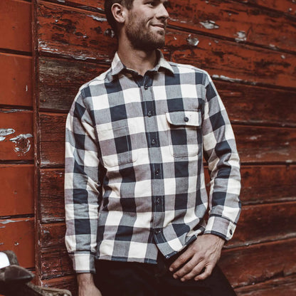 The Moto Utility Shirt in Natural & Navy Buffalo Plaid
