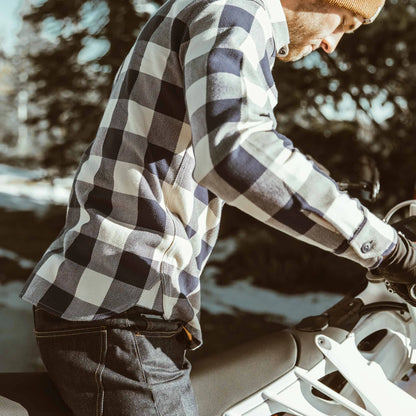 The Moto Utility Shirt in Natural & Navy Buffalo Plaid