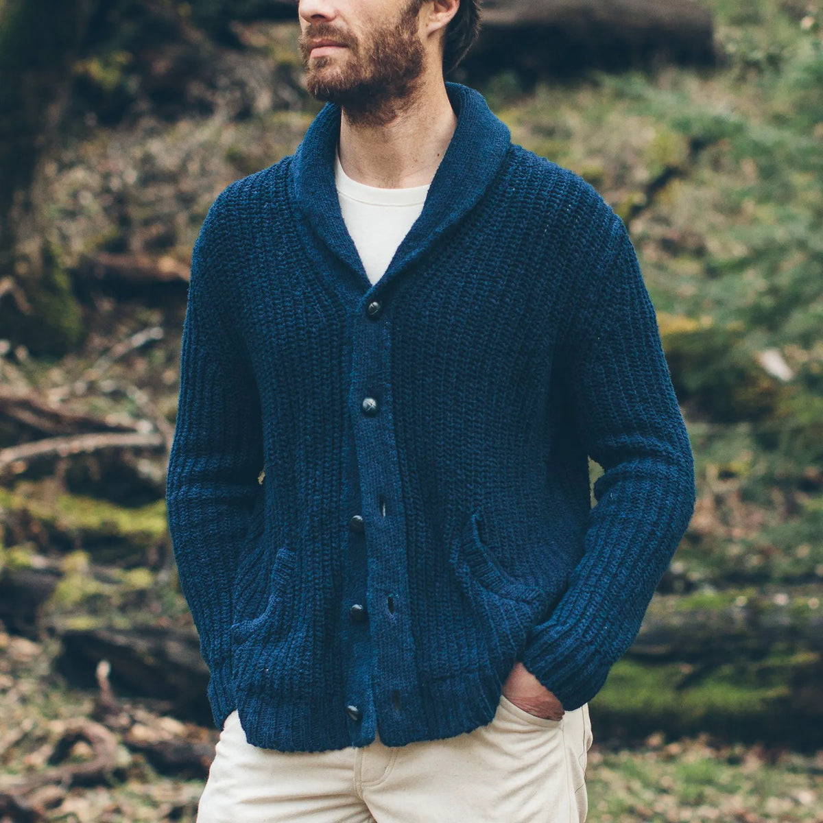 The Shawl Cardigan in Indigo Dipped Cotton