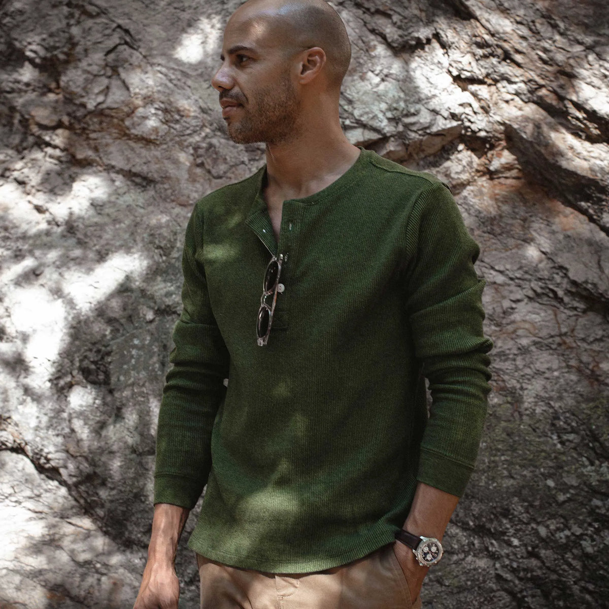 The Heavy Bag Waffle Henley in Heather Olive