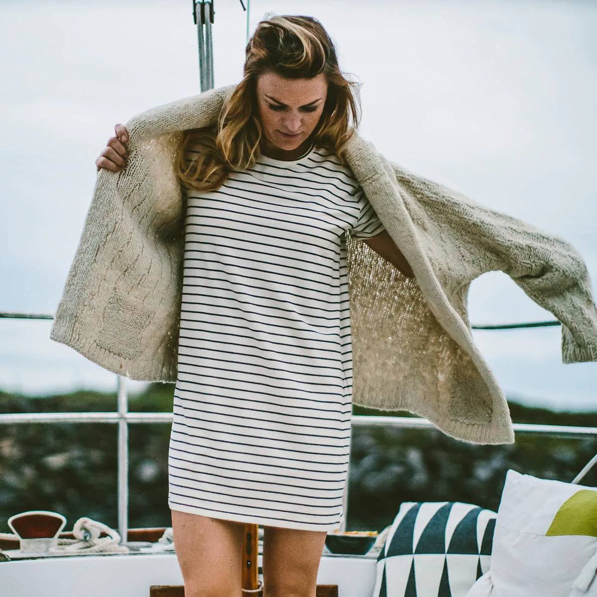 The Sausalito Dress in Navy Stripe Mercerized Merino