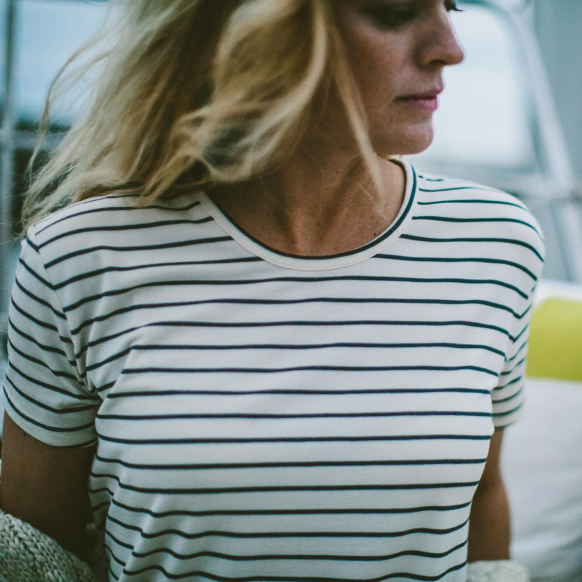 The Sausalito Dress in Navy Stripe Mercerized Merino