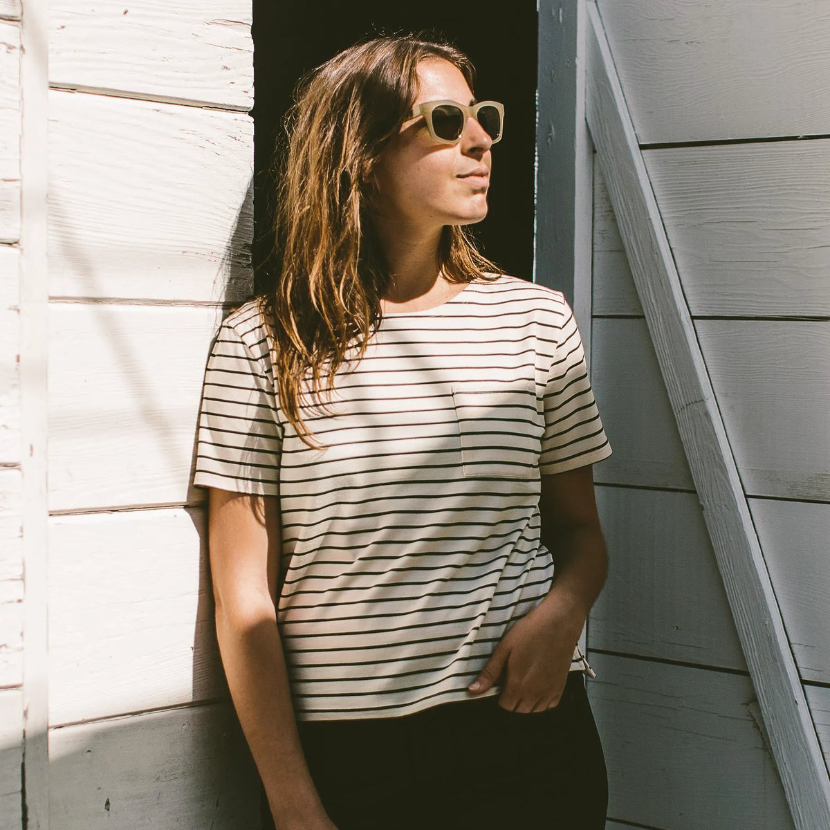 The Sausalito Tee in Navy Stripe Mercerized Merino