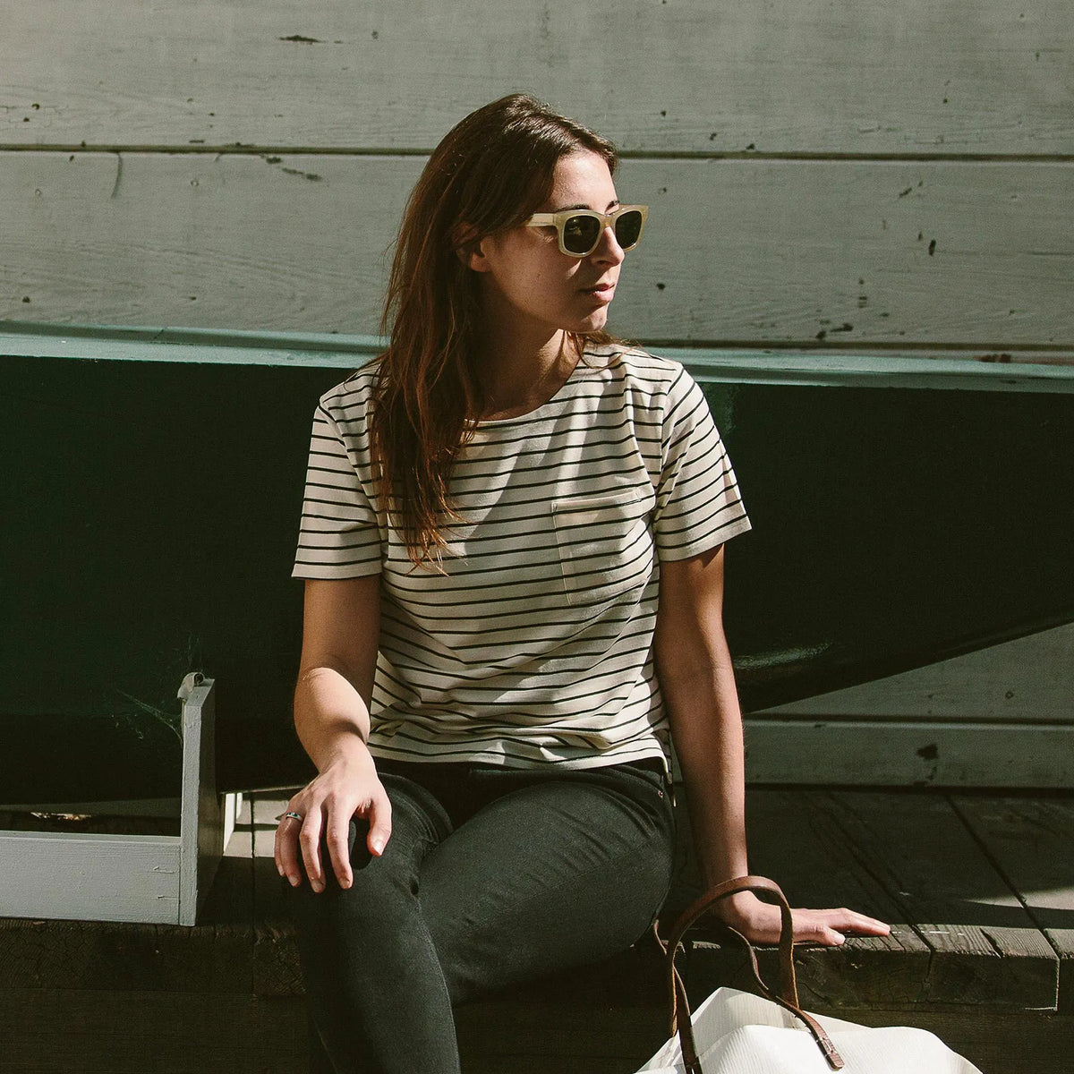 The Sausalito Tee in Navy Stripe Mercerized Merino