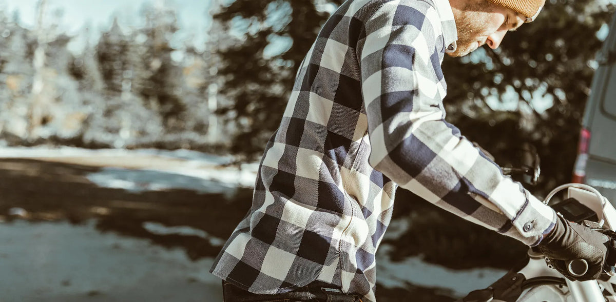 The Moto Utility Shirt in Natural & Navy Buffalo Plaid