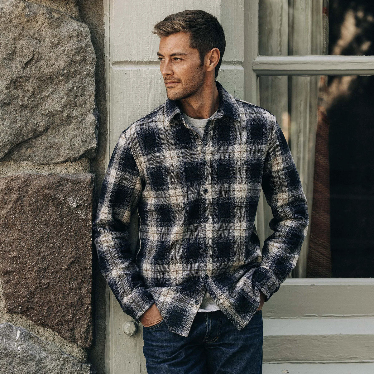 The Utility Shirt in Navy Jaspe Herringbone Plaid