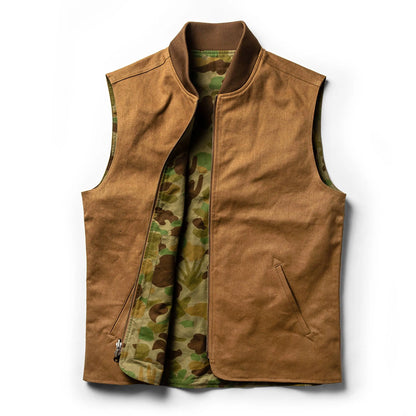 The Taylor Stitch x Gear Patrol Reversible Able Vest in Arid Camo