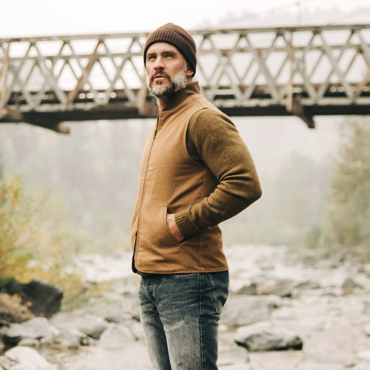 The Taylor Stitch x Gear Patrol Reversible Able Vest in Arid Camo