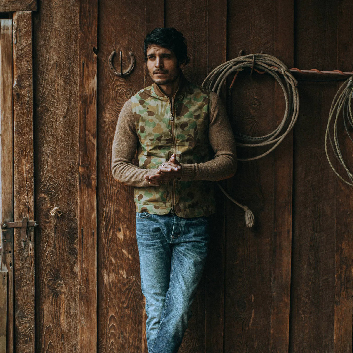 The Taylor Stitch x Gear Patrol Reversible Able Vest in Arid Camo