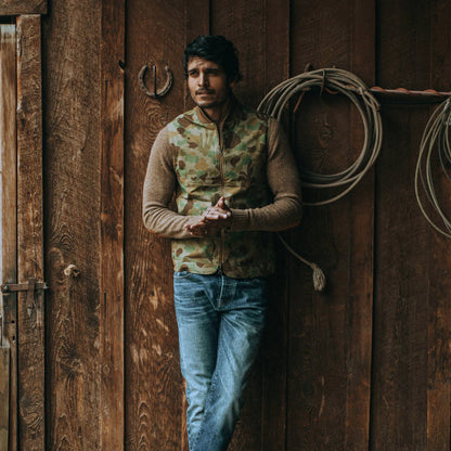 The Taylor Stitch x Gear Patrol Reversible Able Vest in Arid Camo